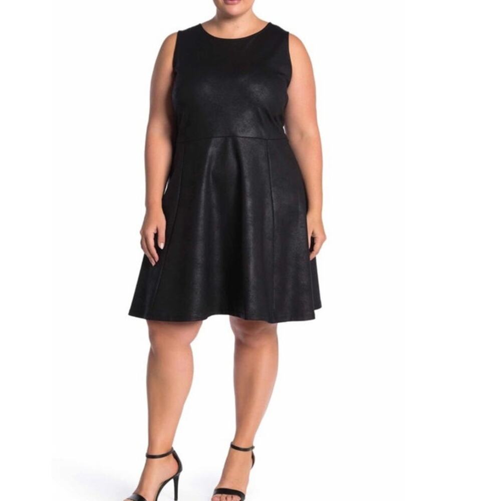 Leota Fit & Flare Dress Women's 3X Black Faux Leather Sleeveless Stretch NWT